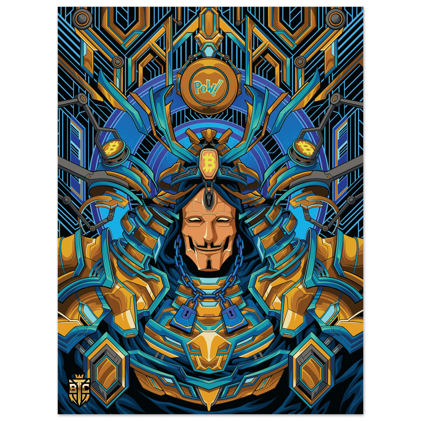 Intricate cyberpunk samurai warrior wearing a Guy Fawkes mask with a Bitcoin logo on the helmet in blue and gold armor.