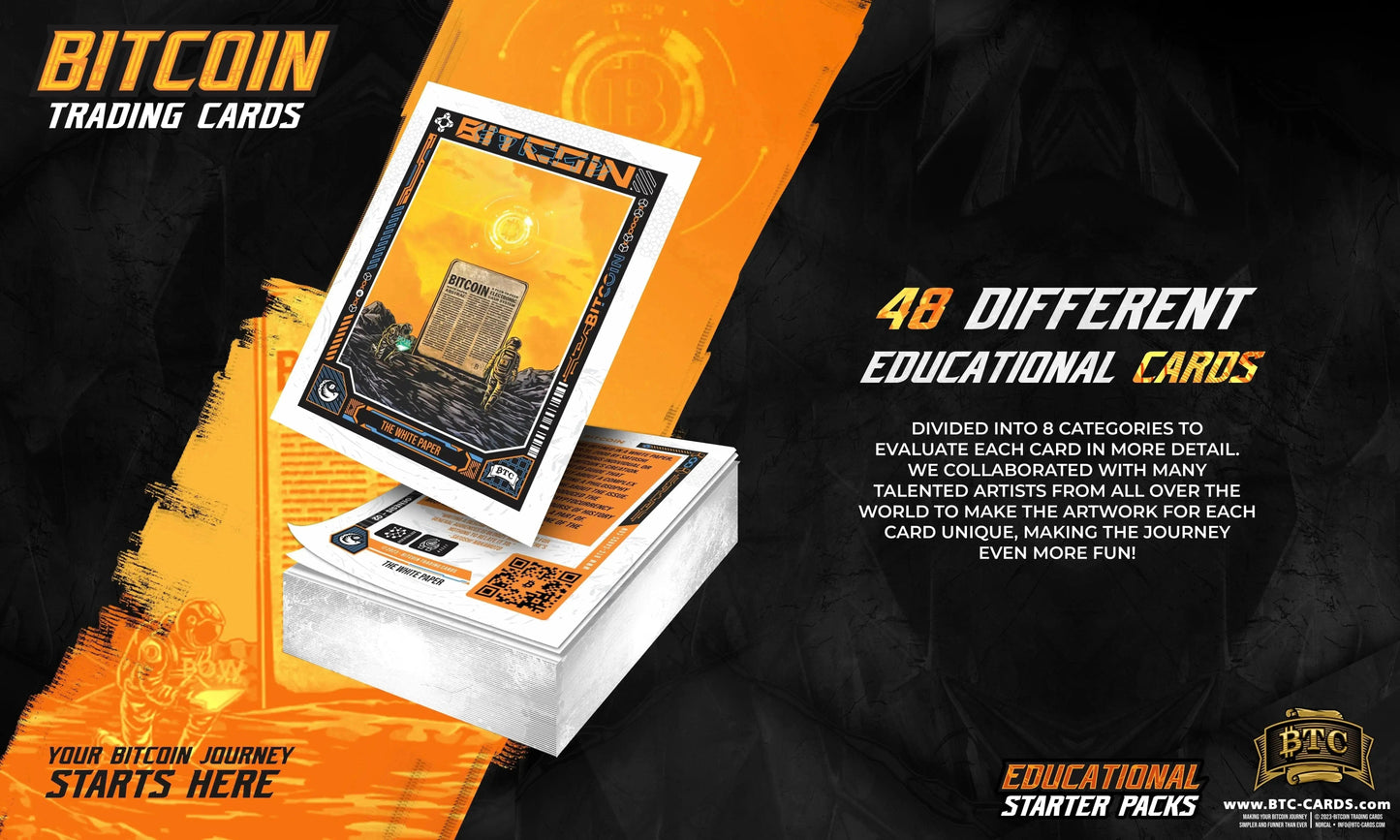 Promotional infographic for Bitcoin Trading Cards Educational Starter Packs featuring a stack of cards and text highlighting 48 different educational cards.