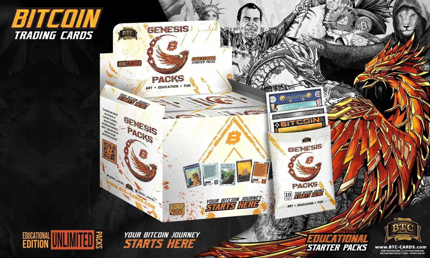 Display box for Bitcoin Trading Cards Genesis Packs labeled 'Educational Starter Packs' featuring a red and gold phoenix logo and the slogan 'Your Bitcoin Journey Starts Here'.