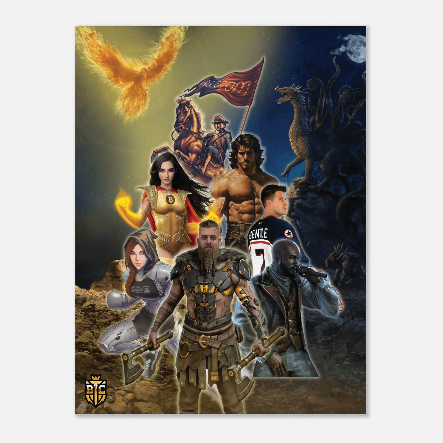 Bitcoin Trading Cards collage poster featuring a phoenix, a multi-headed dragon, a freedom rider with a flag, and various warrior heroes.