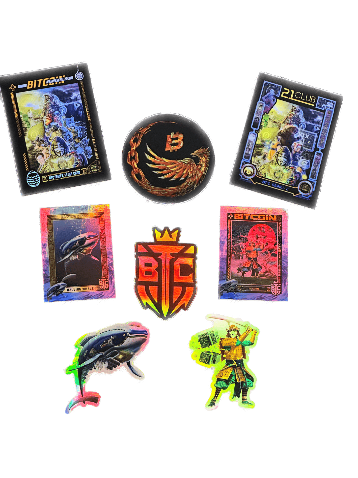 Collection of 8 limited edition stickers from the Bitcoin Trading Cards H.E.W.P pack, including a 'Series 1 Lost Card' sticker, a '21 Club' Series 2 collage sticker, holographic 'Halving Whale' and 'The Halving' square stickers, a round Phoenix logo sticker, a die-cut BTC shield, a die-cut space whale, and a die-cut samurai.