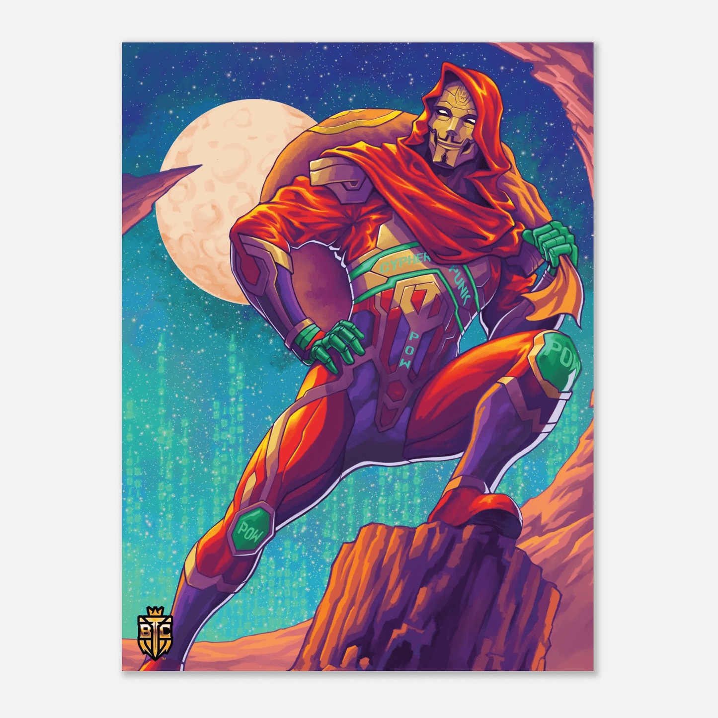 Cyberpunk superhero wearing a Guy Fawkes mask and red cape posing on a rock against a moon and digital rain background.