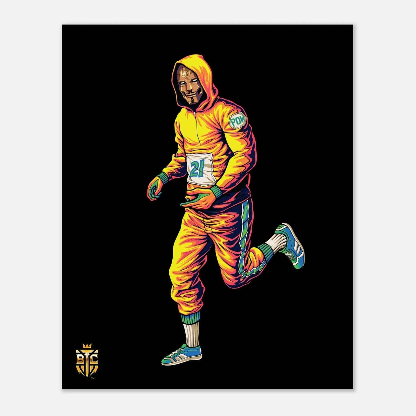 Cyberpunk runner in a yellow tracksuit and Guy Fawkes mask sprinting, featuring the number 21 and a POW patch.