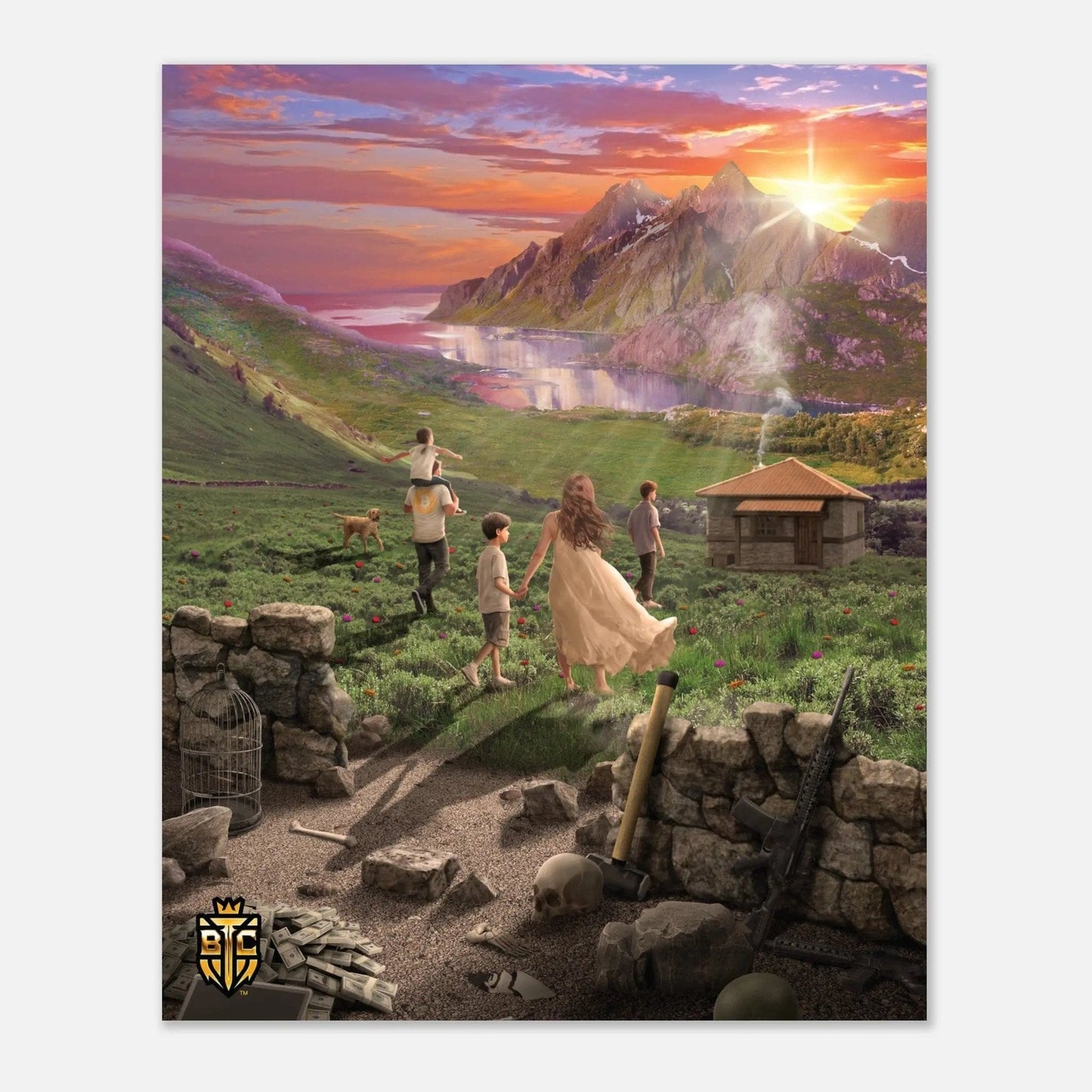 Poster art showing a family walking away from a cage and weapons towards a peaceful cabin in the mountains.