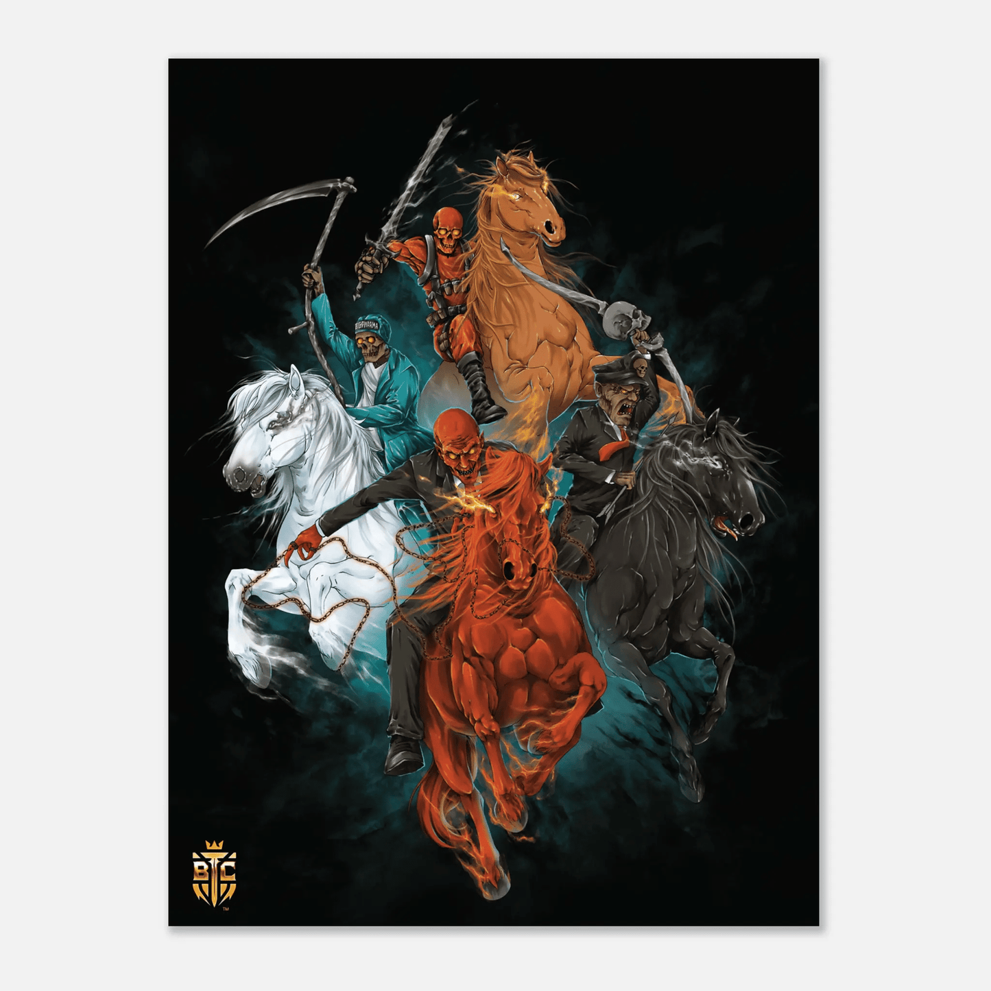 Bitcoin Trading Cards poster art depicting the Four Horsemen of the Apocalypse as skeletons riding four different colored horses.