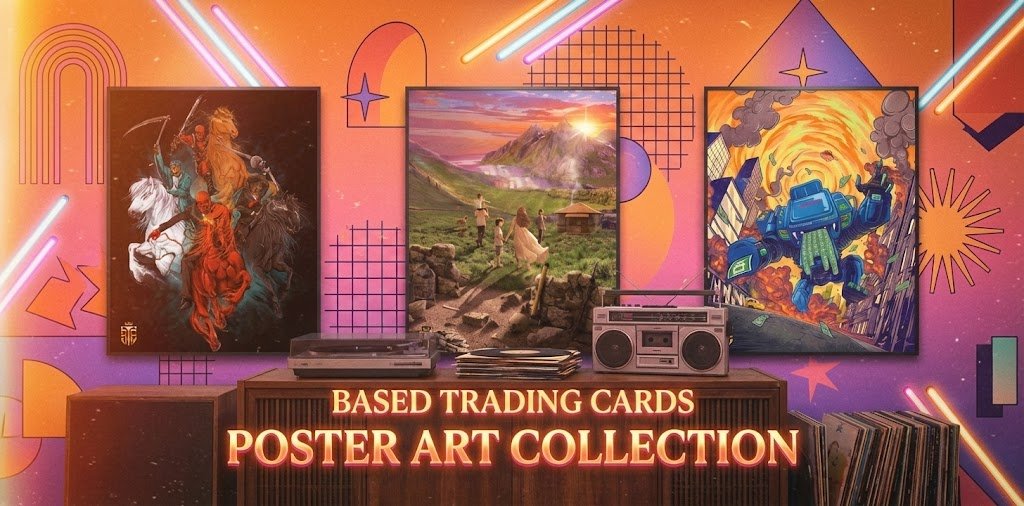 Gallery of Based Trading Cards poster art featuring Satoshi and cyberpunk Bitcoin prints
