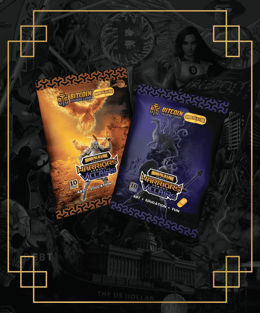 OPP Series 3 Warriors vs Villains booster packs with orange Phoenix and purple Hydra artwork from Based Trading Cards