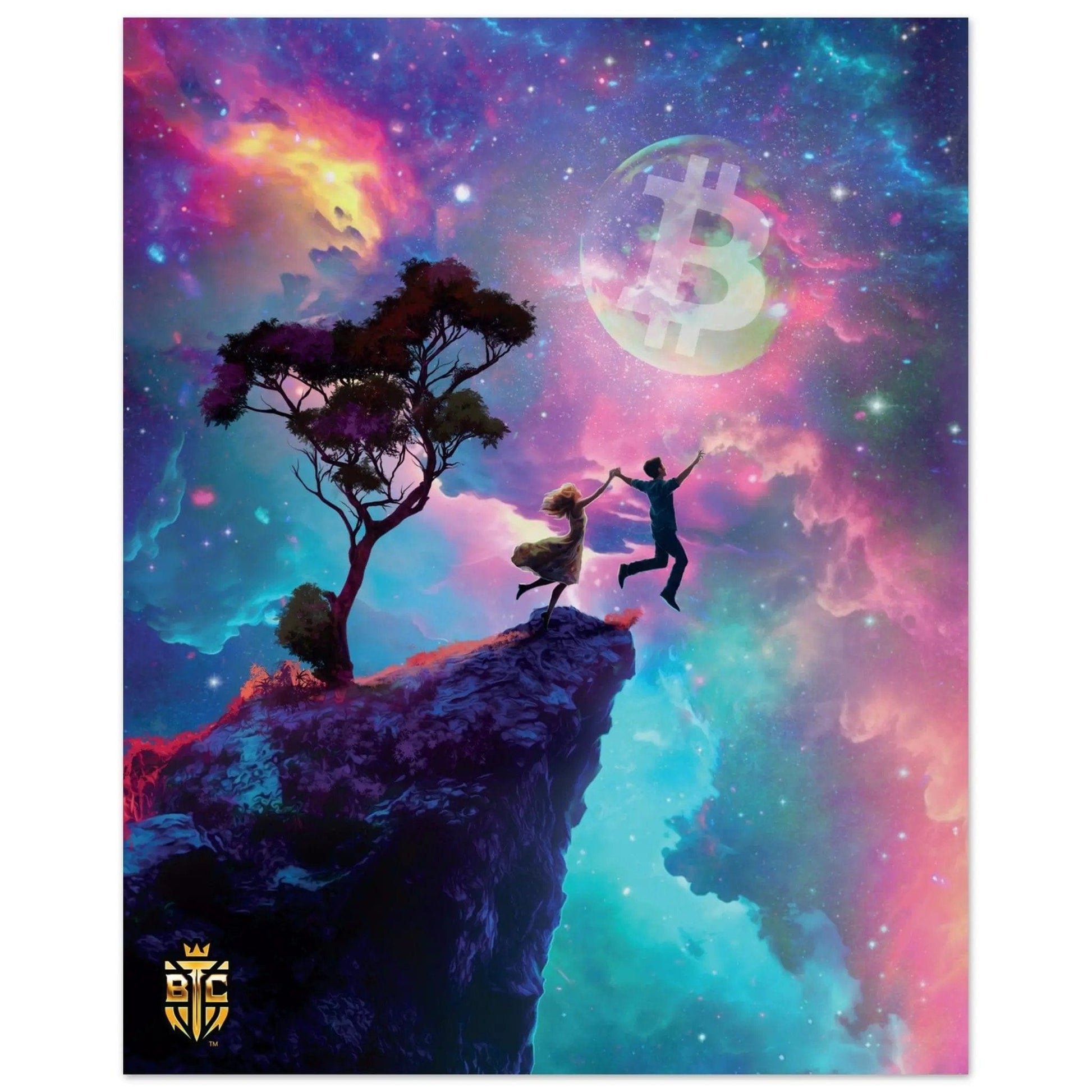 Digital art poster showing a couple holding hands and jumping off a cliff towards a glowing Bitcoin moon in a colorful galaxy.
