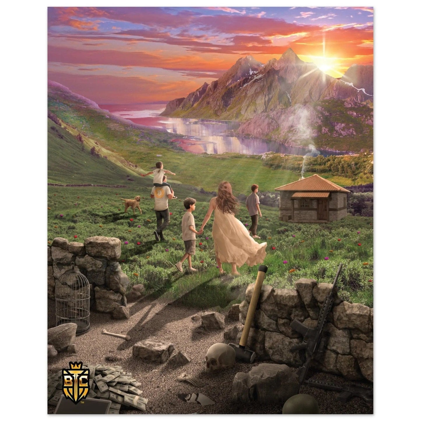 Digital art showing a family walking away from a pile of cash, weapons, and a cage towards a peaceful cabin in a mountain valley at sunset.