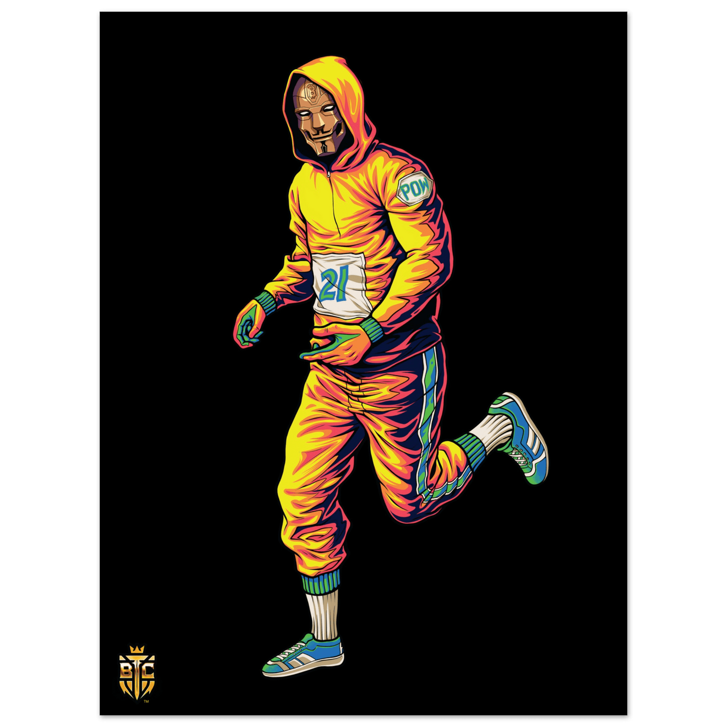Digital art of a character running in a yellow gradient tracksuit wearing a Guy Fawkes mask and a bib with the number 21.