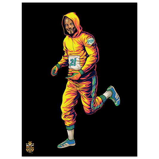 Digital art of a character running in a yellow gradient tracksuit wearing a Guy Fawkes mask and a bib with the number 21.