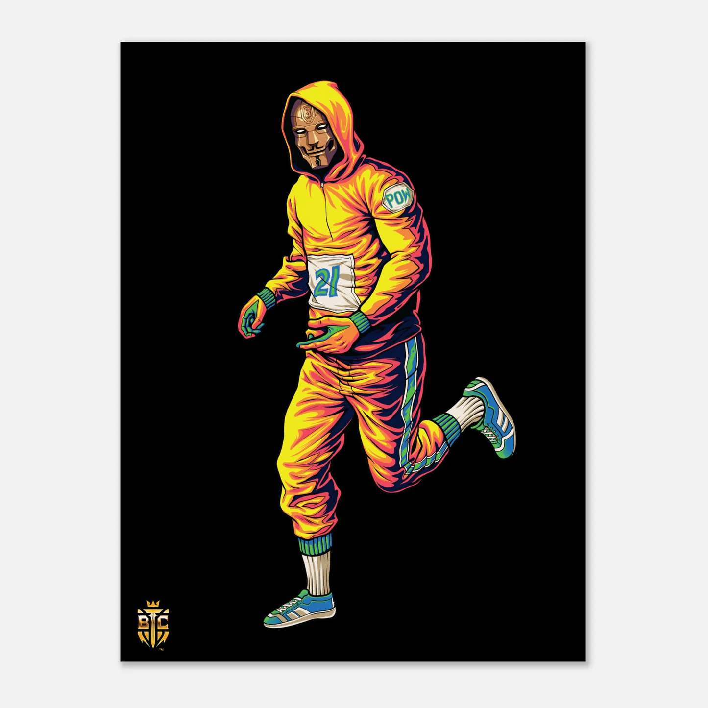 Digital art of a character running in a yellow gradient tracksuit wearing a Guy Fawkes mask and a bib with the number 21.