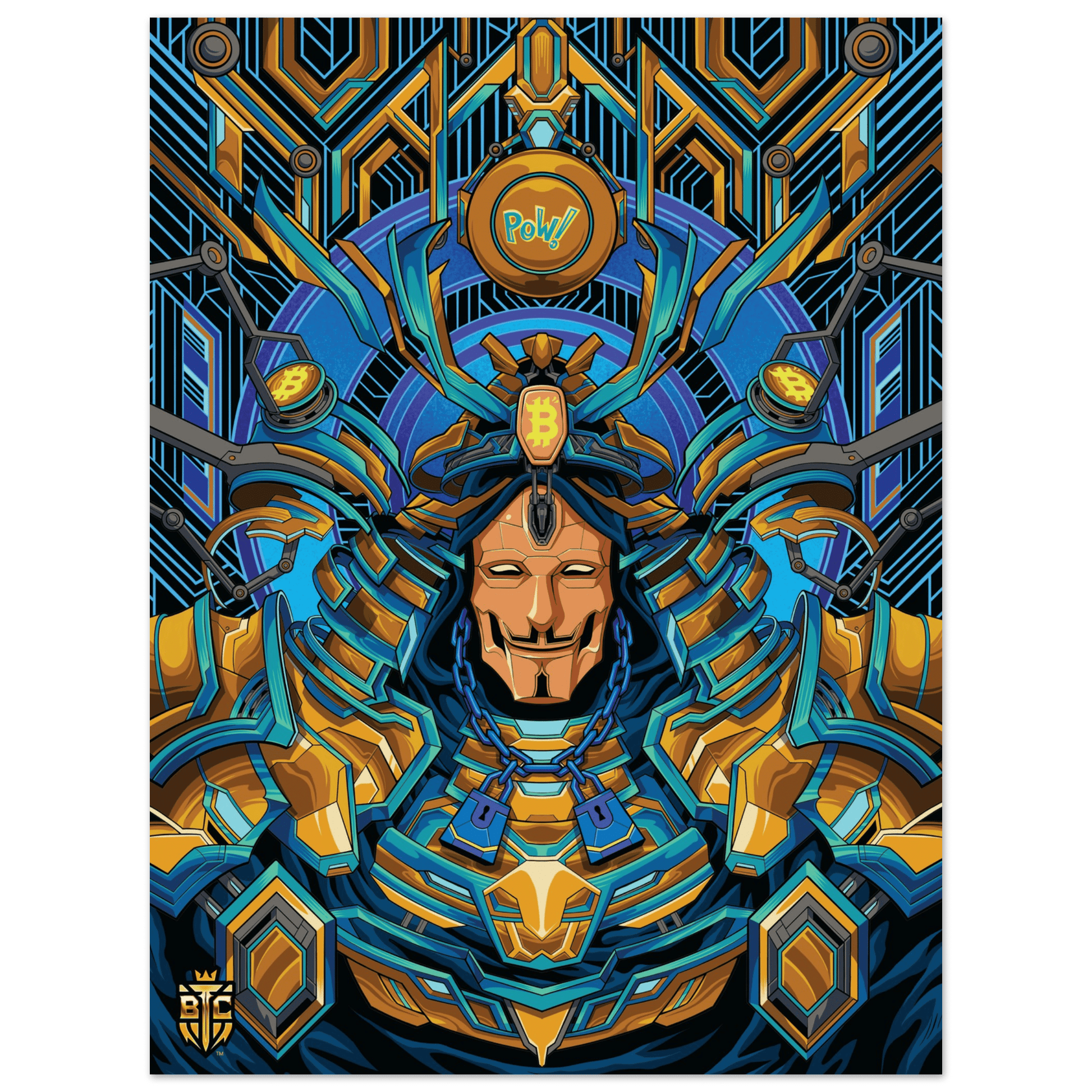 Intricate cyberpunk samurai warrior wearing a Guy Fawkes mask with a Bitcoin logo on the helmet in blue and gold armor.