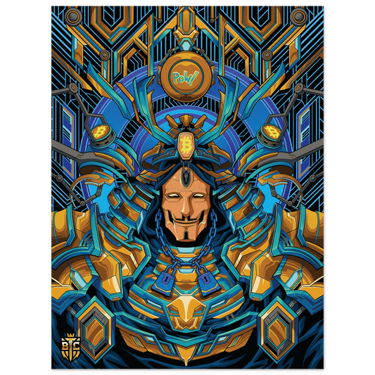 Intricate cyberpunk samurai warrior wearing a Guy Fawkes mask with a Bitcoin logo on the helmet in blue and gold armor.