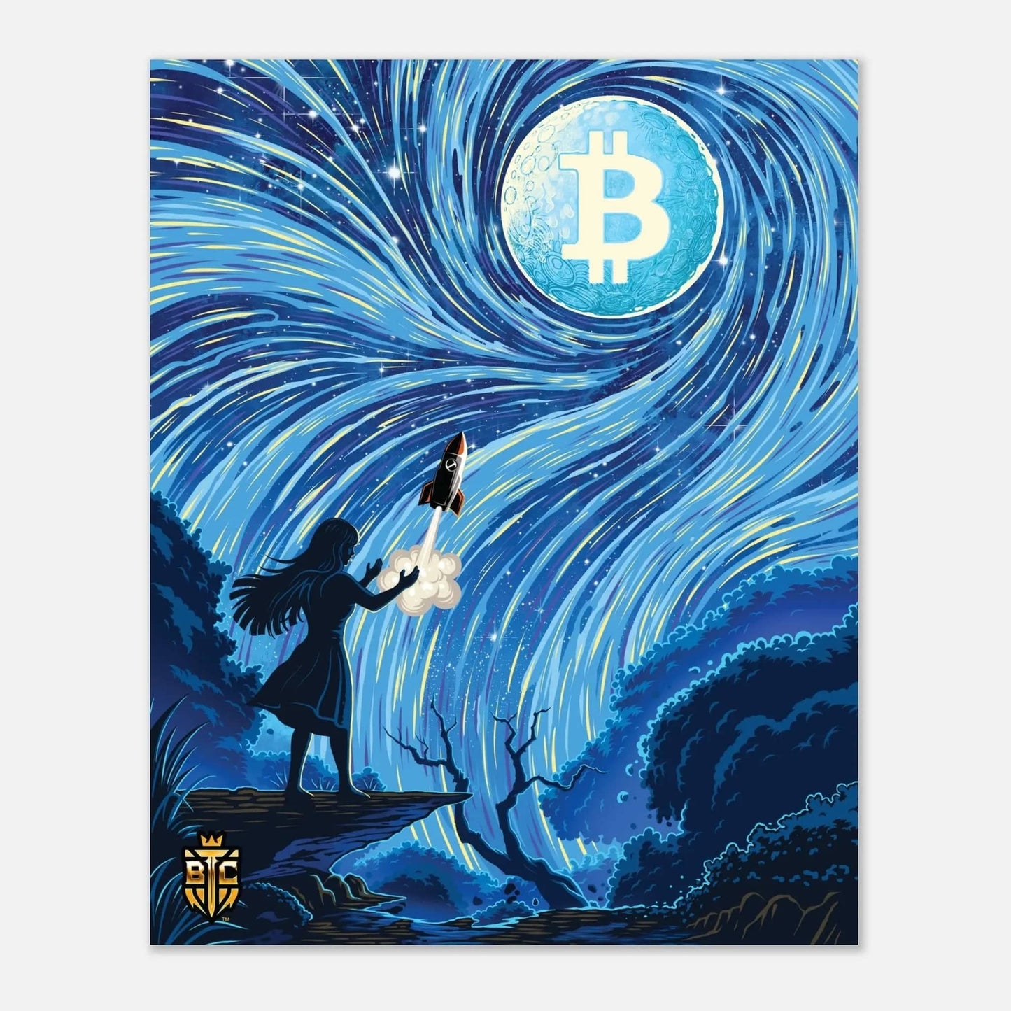 Digital art featuring a silhouette of a girl launching a rocket at a glowing Bitcoin moon in a swirling blue starry night sky.