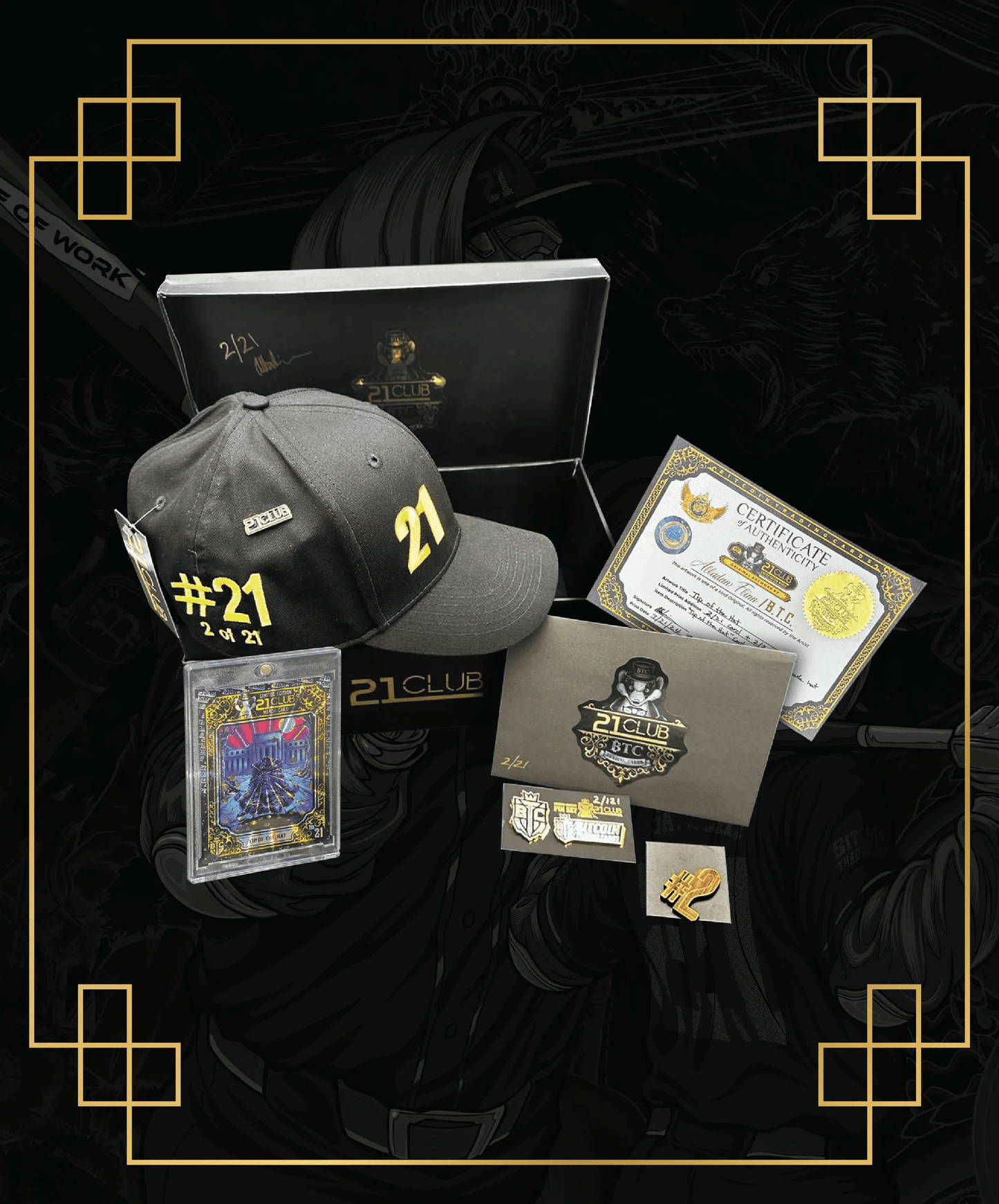 Promotional image for the ultra-limited '21 Club' bundle, featuring a black '#21' embroidered hat, a slabbed holographic card, a signed collector's box labeled '2 of 21', a certificate of authenticity, and enamel pins.