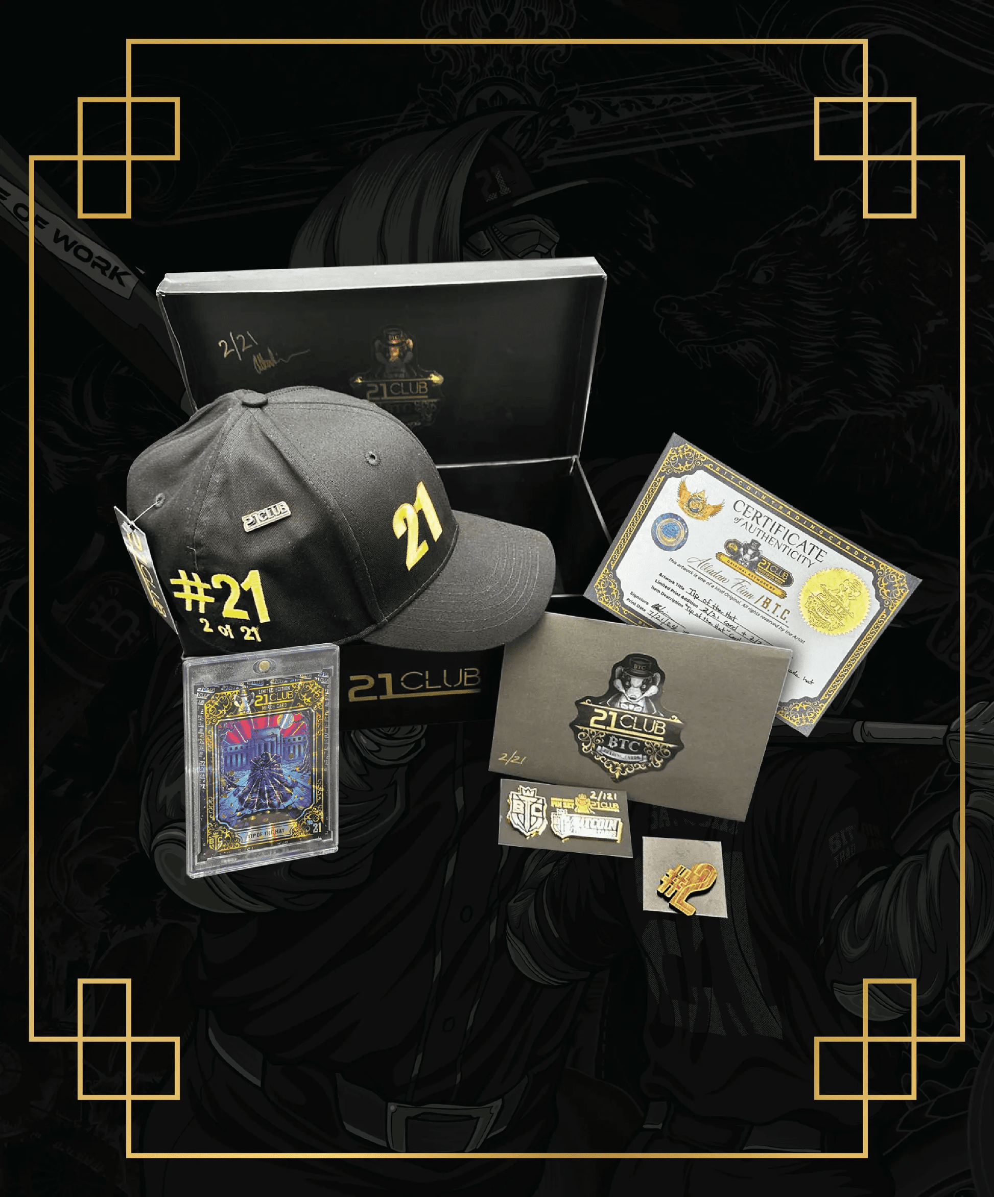Promotional image for the ultra-limited '21 Club' bundle, featuring a black '#21' embroidered hat, a slabbed holographic card, a signed collector's box labeled '2 of 21', a certificate of authenticity, and enamel pins.
