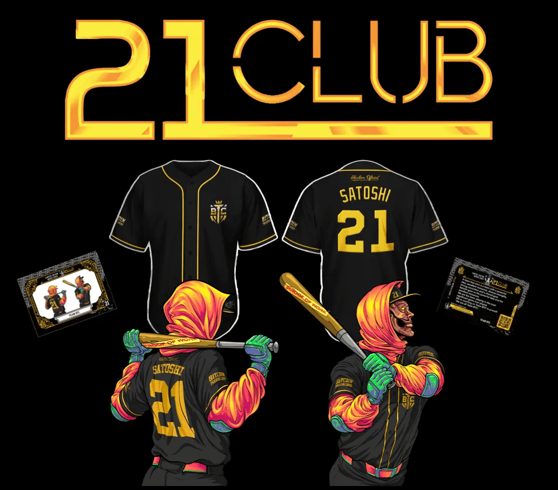 Promotional graphic for the '21 Club' jersey, featuring the large text '21 CLUB', front and back views of the 'Satoshi 21' baseball jersey, and an illustration of a masked character holding a gold baseball bat inscribed with 'PROOF OF WORK'.