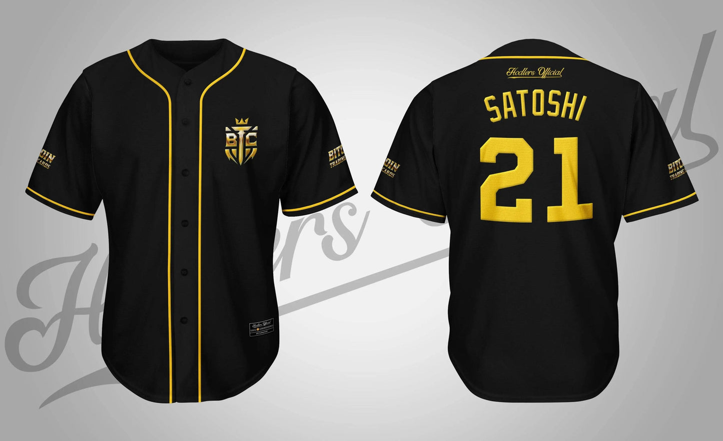 Product mockup of the '21 Club' baseball jersey, showing the front with gold piping and the BTC shield logo, and the back featuring 'SATOSHI' and the number '21' in gold lettering.