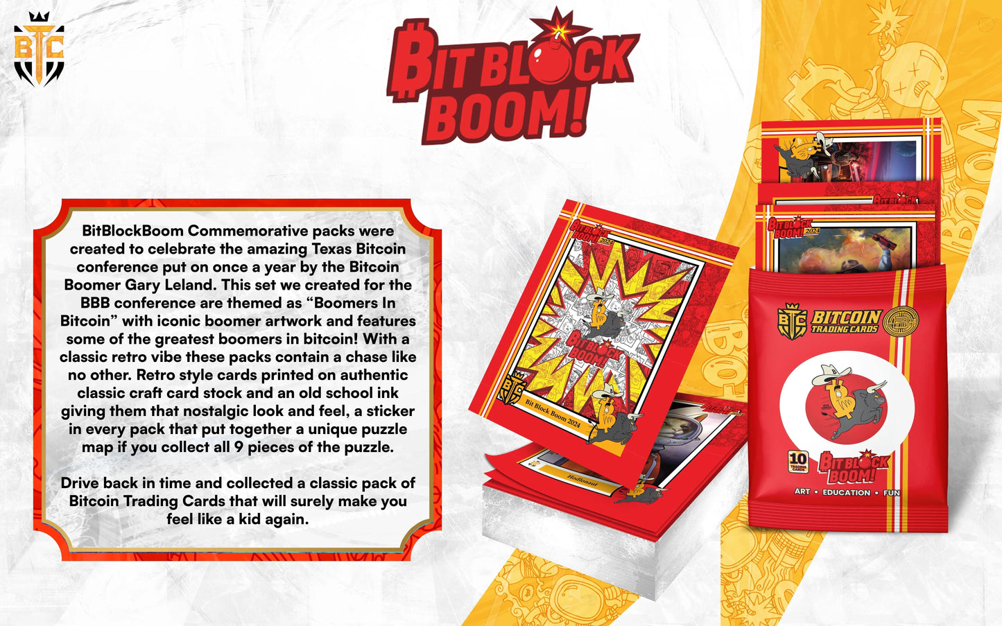 Promotional graphic for 'BitBlock Boom!' featuring a large text box explaining the 'Boomers In Bitcoin' theme, the 'retro vibe' on 'classic craft card stock', and the inclusion of a 'unique puzzle map' sticker, alongside a red foil pack and fanned cards.