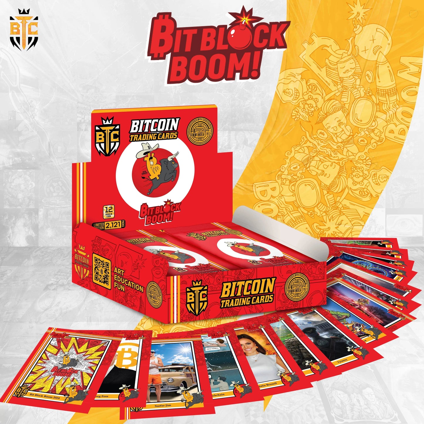 promotional graphic for the 'BitBlock Boom!' Commemorative Collection, featuring the red display box, foil packs, and fanned cards