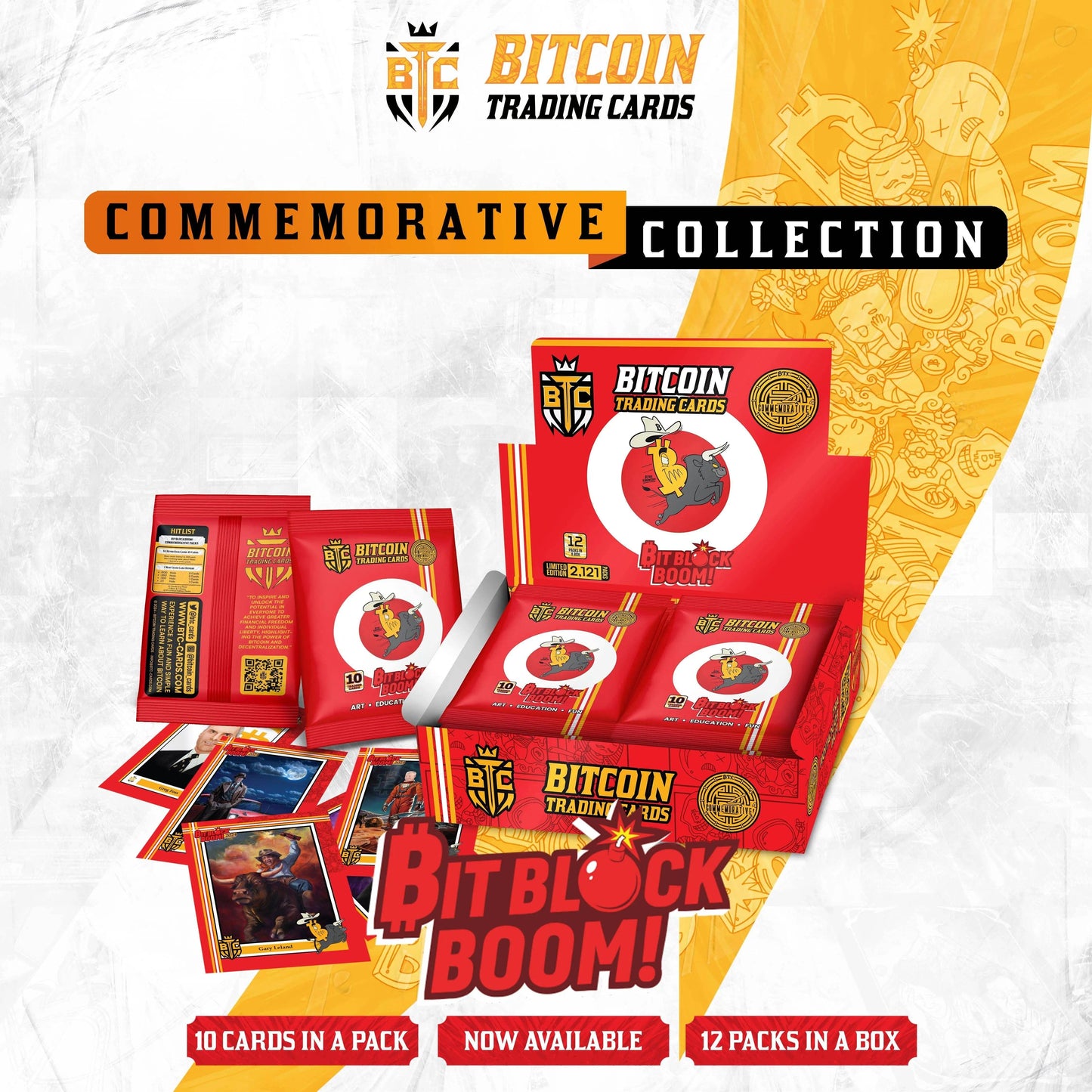 promotional graphic for the 'BitBlock Boom!' Commemorative Collection, identical to two previous files, featuring the red display box, packs, and 'Now Available' text banners.