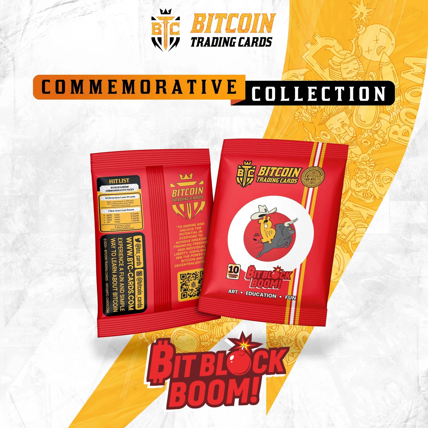 promotional graphic for the 'BitBlock Boom!' Commemorative Collection, identical to a previous file, showing the front and back of the red foil packs with the 'Commemorative Collection' banner and 'BitBlock Boom!' logo.