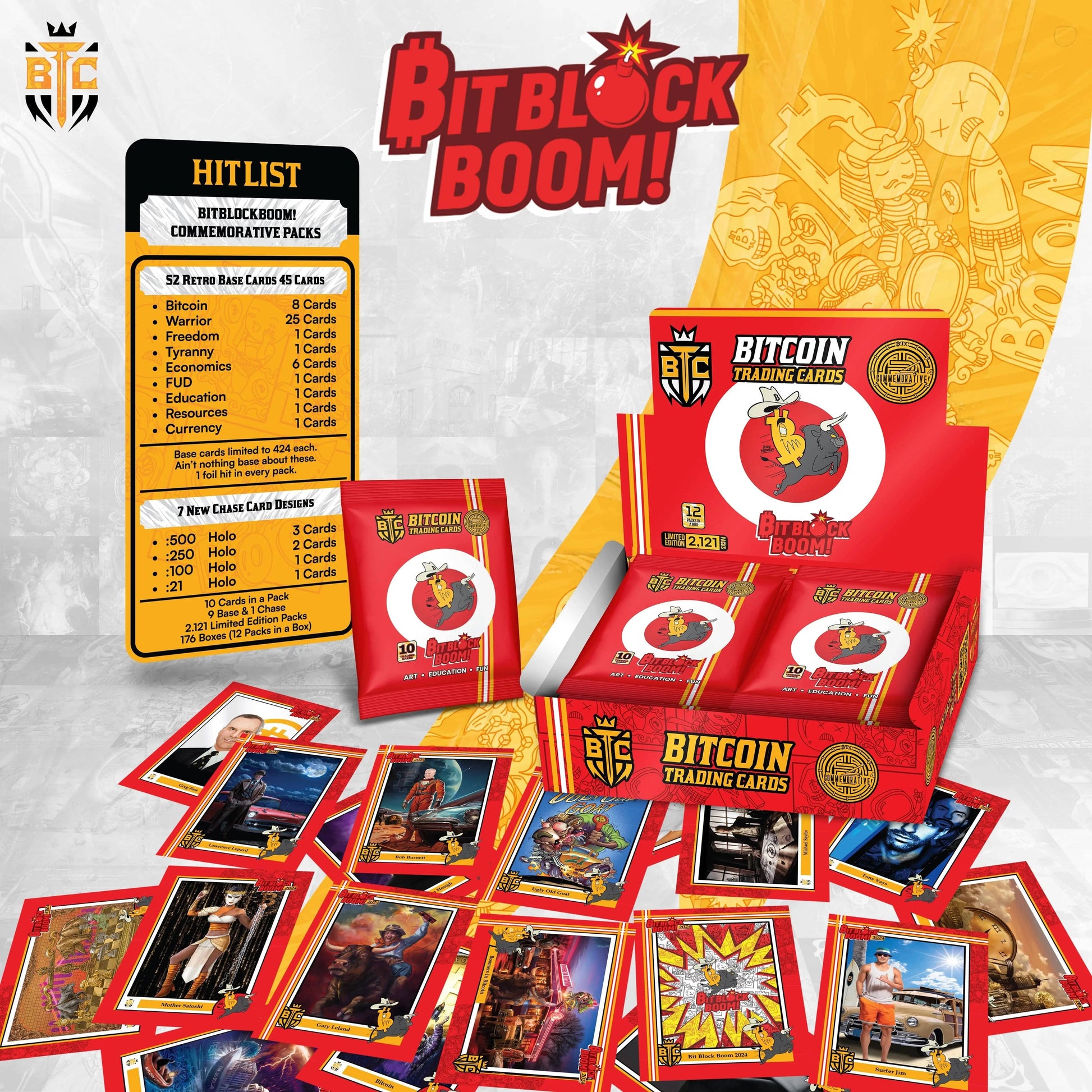 Promotional graphic for the 'BitBlock Boom!' collection, featuring a 'Hit List' infographic detailing print runs (Base cards limited to 424), listing categories like 'Warrior' and 'FUD', and showing the red display box surrounded by a large, chaotic spread of cards including 'Ugly Old Goat' and 'Surfer Jim'.