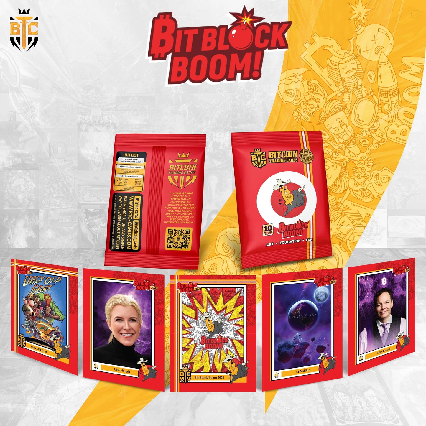 promotional graphic for the 'BitBlock Boom!' pack contents, identical to a previous file, displaying the red foil packs and fanned-out cards including 'Ugly Old Goat' and 'Max Keiser