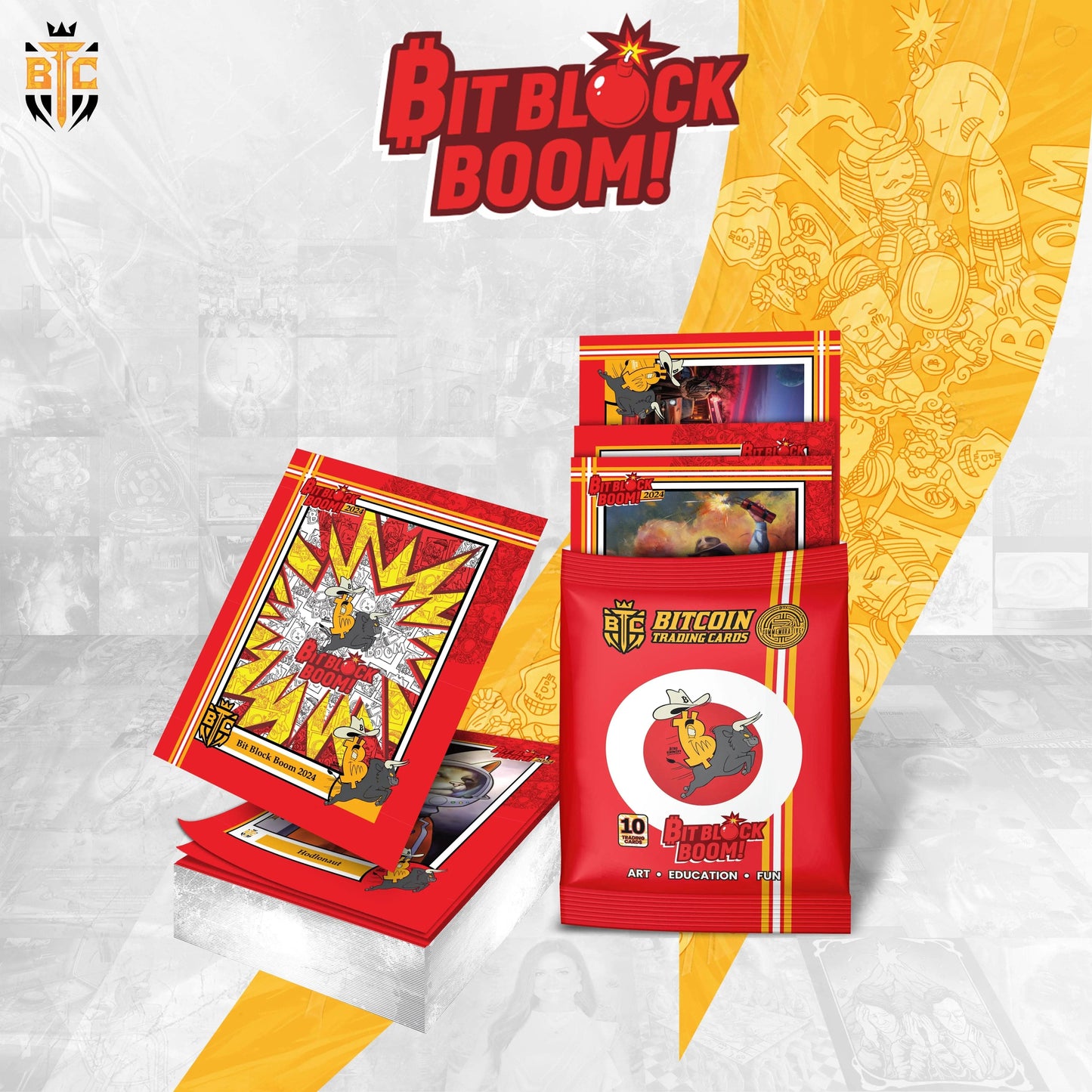 promotional graphic for the 'BitBlock Boom!' Commemorative Collection, identical to the previous file, featuring a red foil pack
