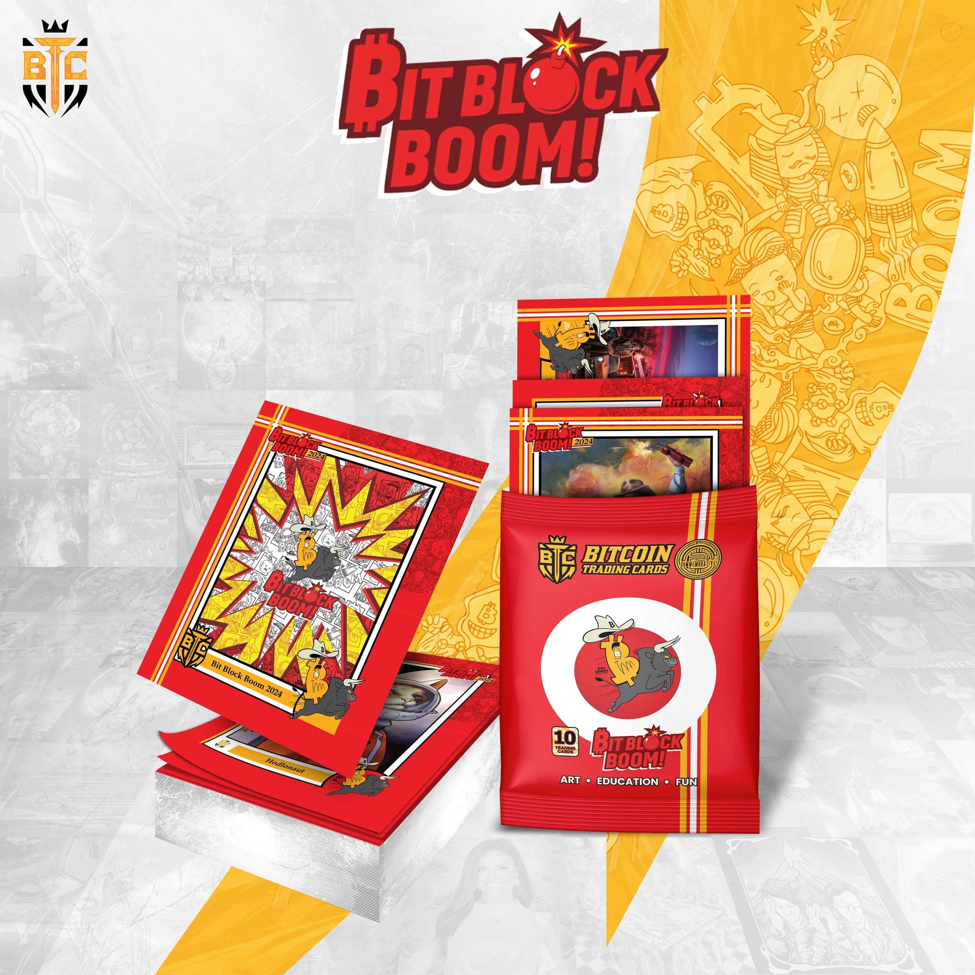 promotional graphic for the 'BitBlock Boom!' Commemorative Collection, identical to the previous file, featuring a red foil pack