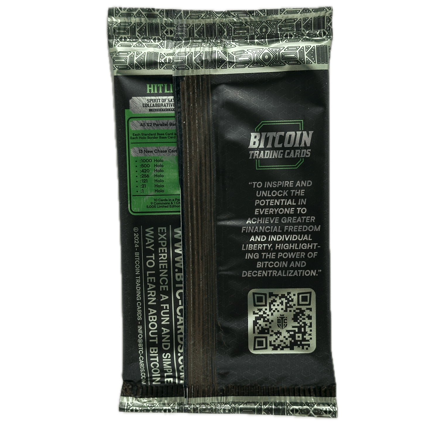 Back of a Bitcoin Trading Cards booster pack showing rarity odds, nutritional facts style info, and a QR code.