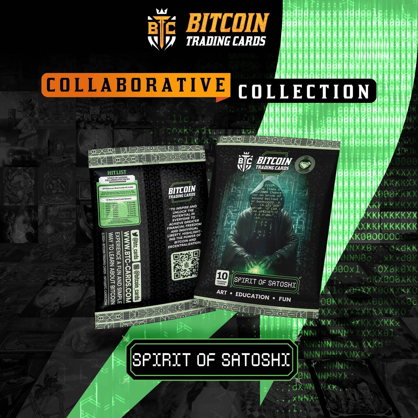 Back of a foil Bitcoin Trading Cards booster pack showing the Hit List rarity odds, a QR code, and an inspirational quote about financial freedom.