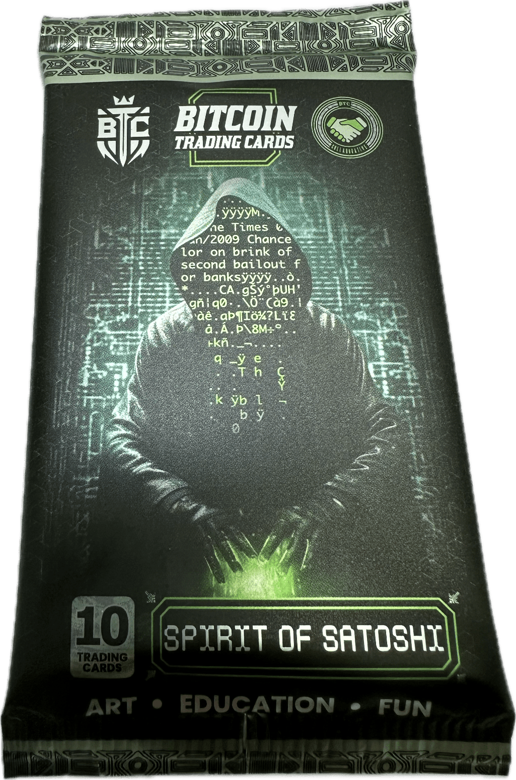Front of a foil Bitcoin Trading Cards booster pack featuring the Spirit of Satoshi logo on a black background.
