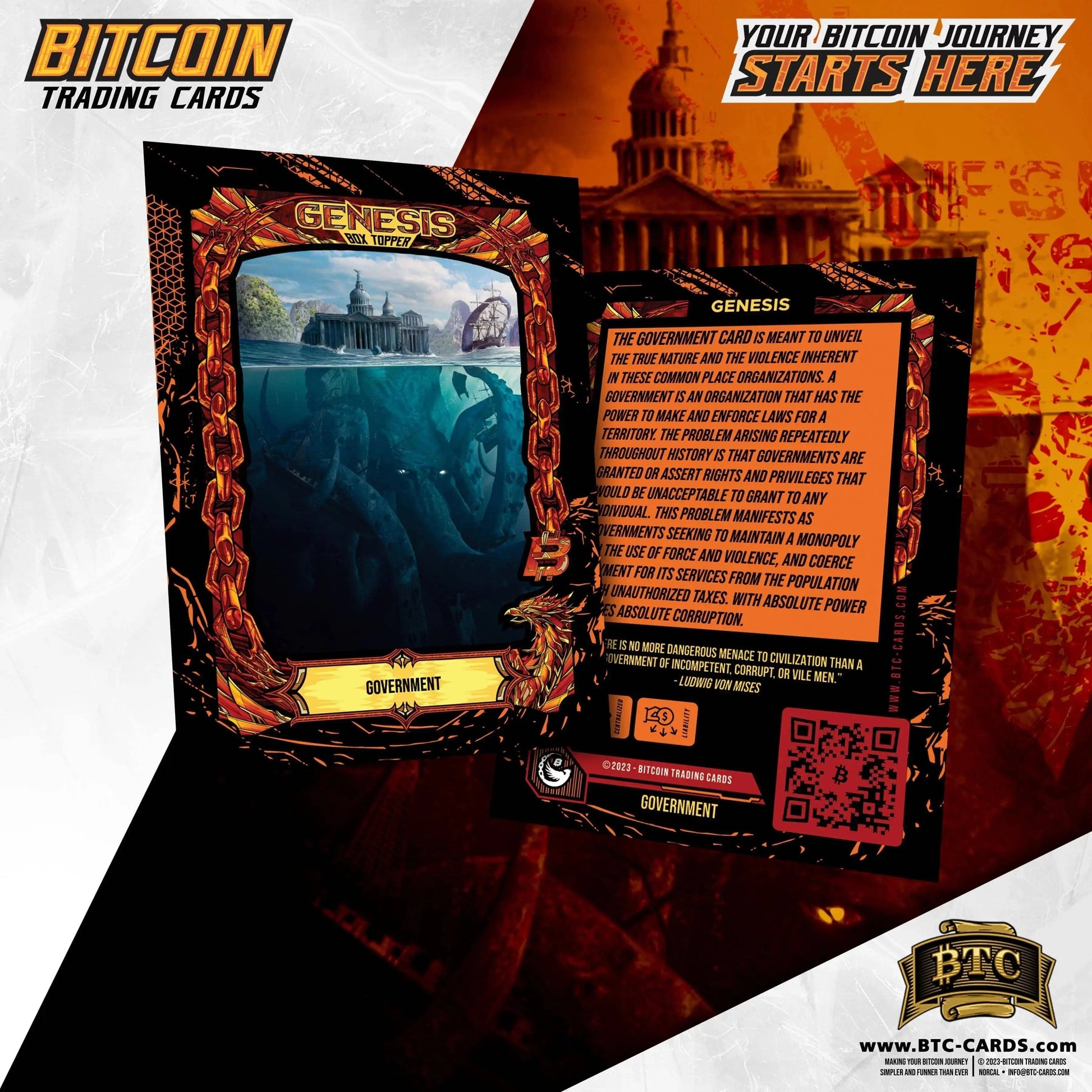 Front and back view of the 'Government' card from the Genesis Box Topper set, featuring artwork of a giant kraken attacking a capitol building, and back text with a Ludwig von Mises quote about the dangers of government.
