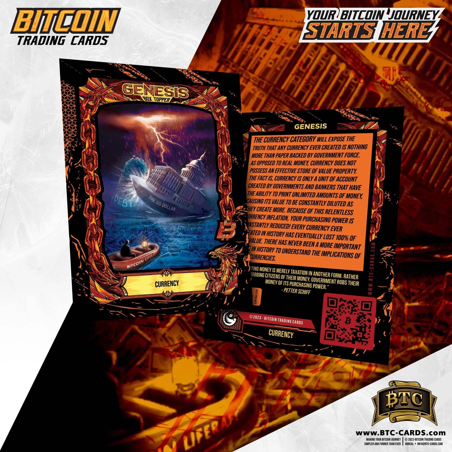 Front and back view of the 'Currency' trading card from the Genesis set, featuring artwork of a sinking ship shaped like the US Capitol labeled 'The US Dollar' surrounded by 'Debt' waves, while a 'Bitcoin Lifeboat' escapes, with back text quoting Peter Schiff on inflation as taxation.