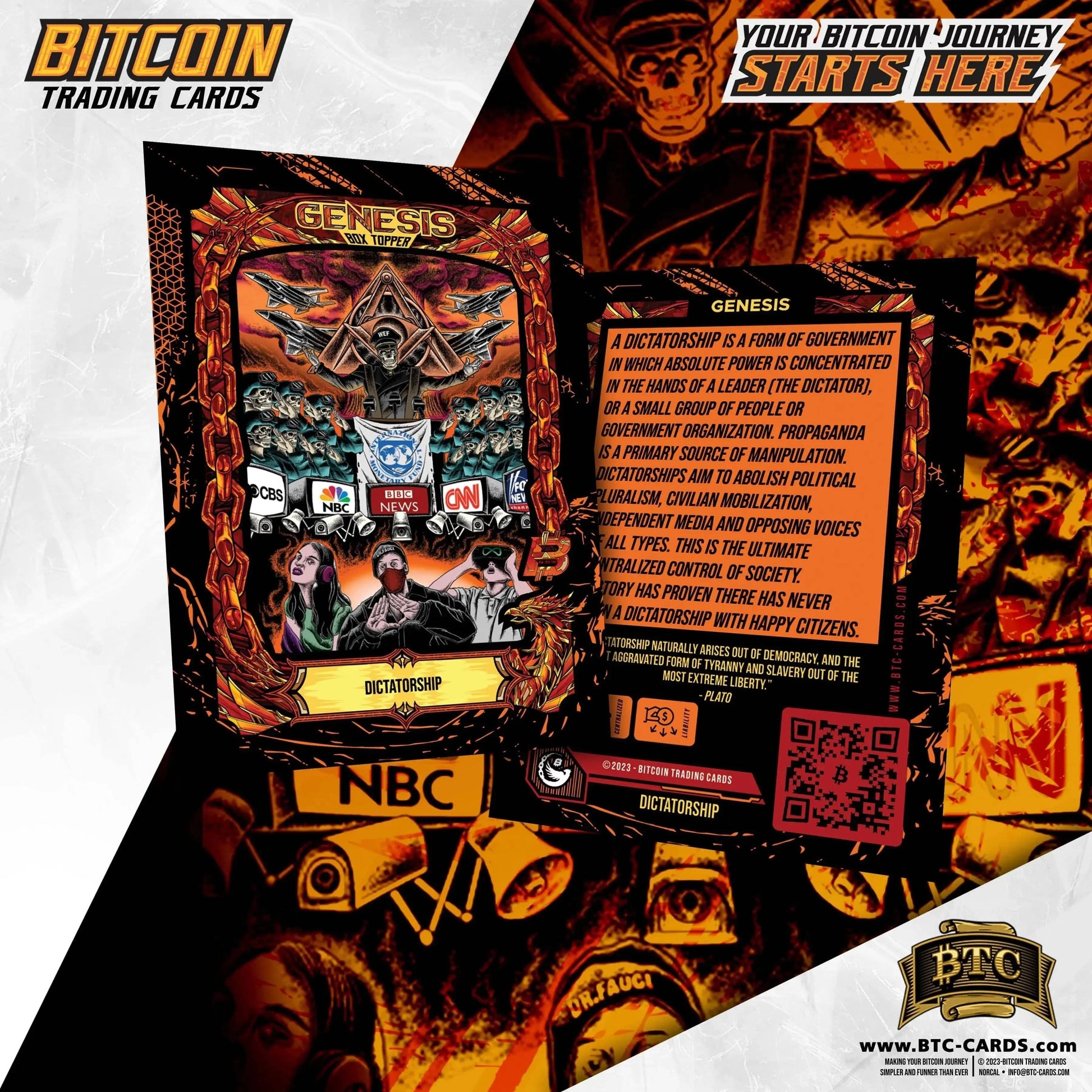 Front and back view of the 'Dictatorship' trading card from the Genesis set, featuring artwork of a skeletal leader, a WEF pyramid, and major media logos (NBC, CNN, BBC) above a crowd of people in VR headsets, with back text quoting Plato on tyranny.