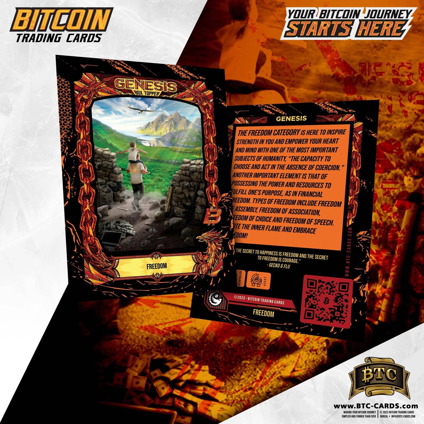 Front and back view of the 'Freedom' trading card from the Genesis set, featuring artwork of a man and child walking through a broken wall into a lush mountain landscape, leaving behind a dark dungeon of fiat money and cages, with back text defining Freedom as the absence of coercion.