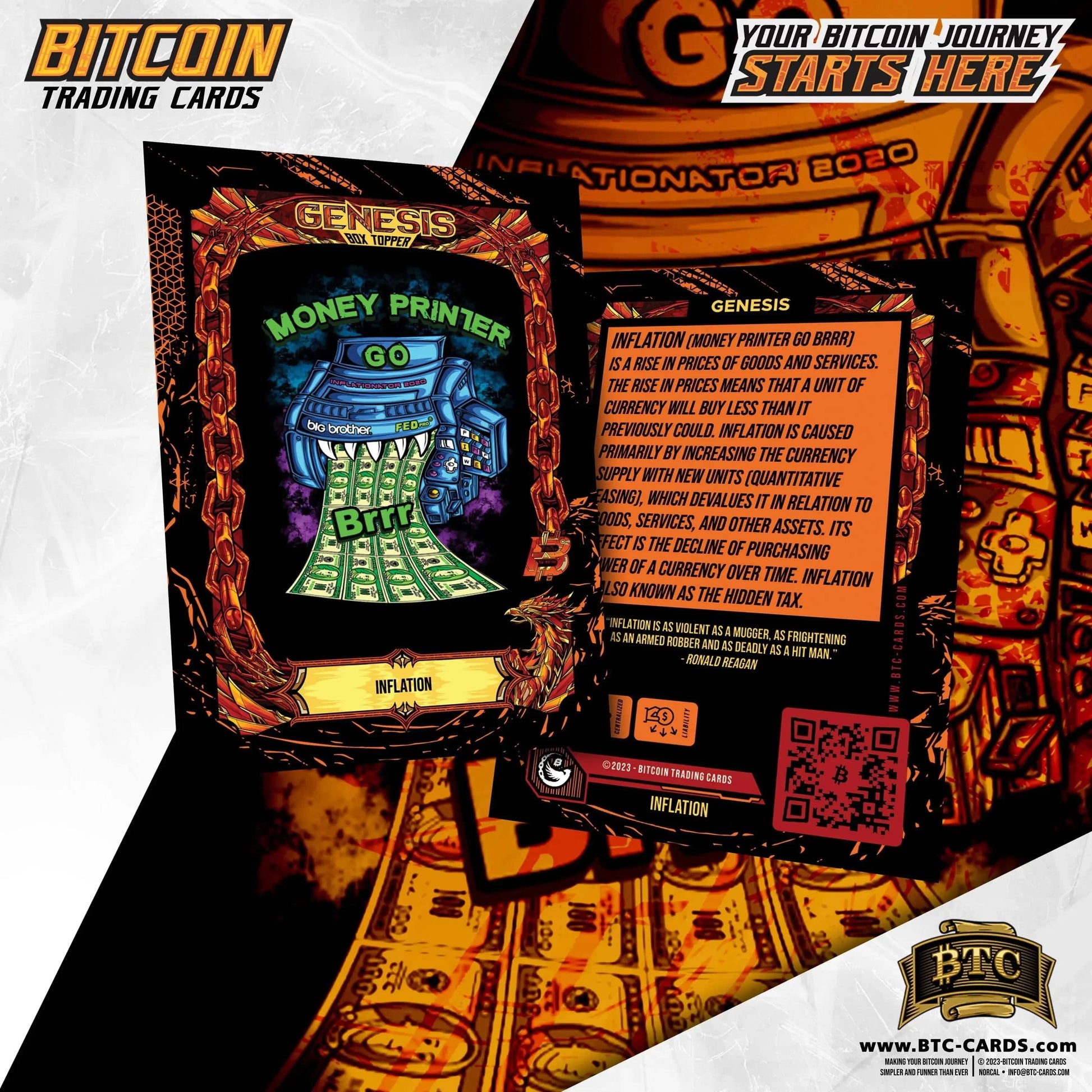 Front and back view of the 'Inflation' trading card from the Genesis set, featuring the 'Money Printer Go Brrr' meme artwork with a machine labeled 'Inflationator 2020' spewing cash, and back text explaining inflation with a Ronald Reagan quote.