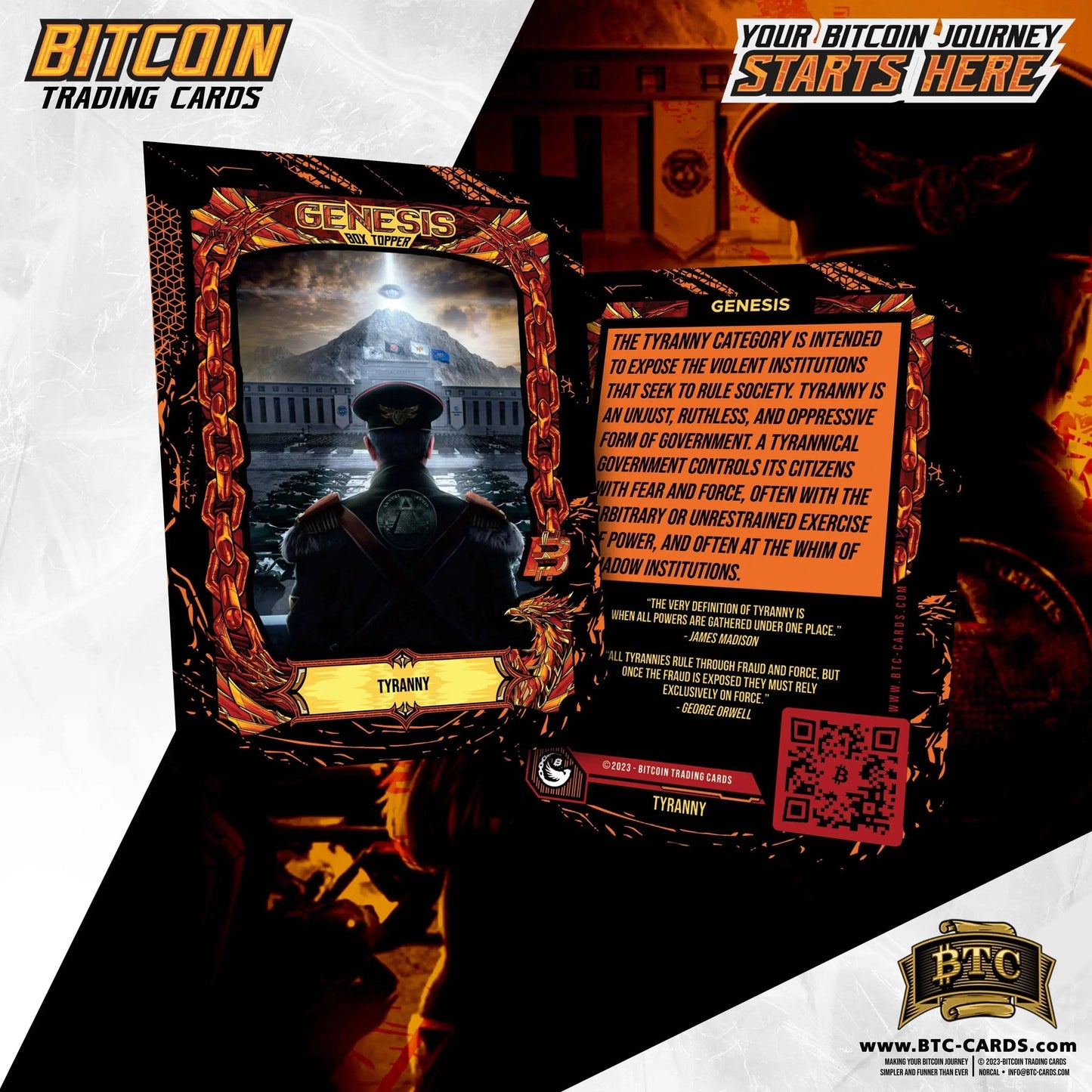 Front and back view of the 'Tyranny' trading card, featuring artwork of a military dictator overlooking a parade, with back text quoting James Madison and George Orwell on the nature of tyranny.