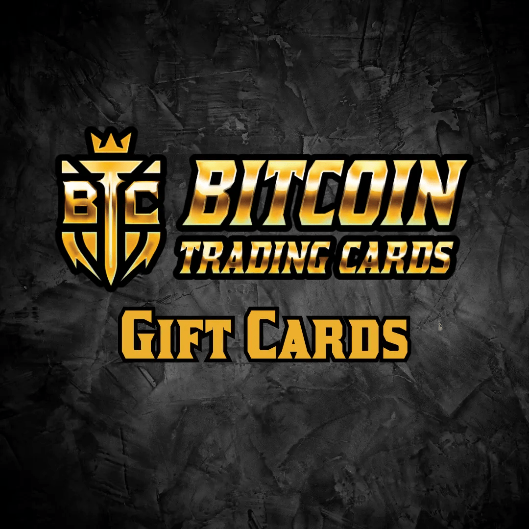 BTCTC Gift Card promotional graphic with golden logo on dark stone-textured background from Based Trading Cards