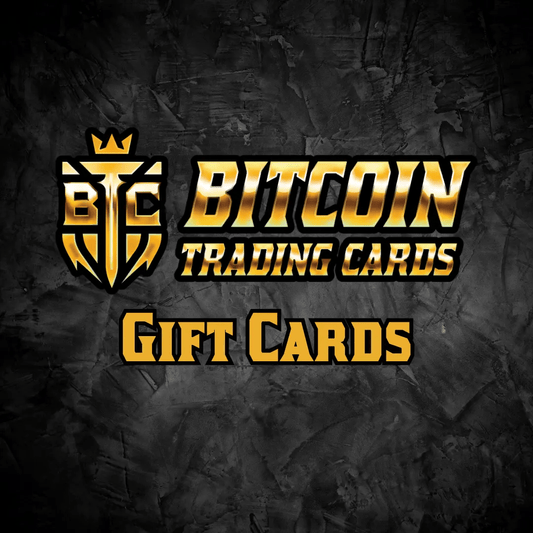 BTCTC Gift Card promotional graphic with golden logo on dark stone-textured background from Based Trading Cards