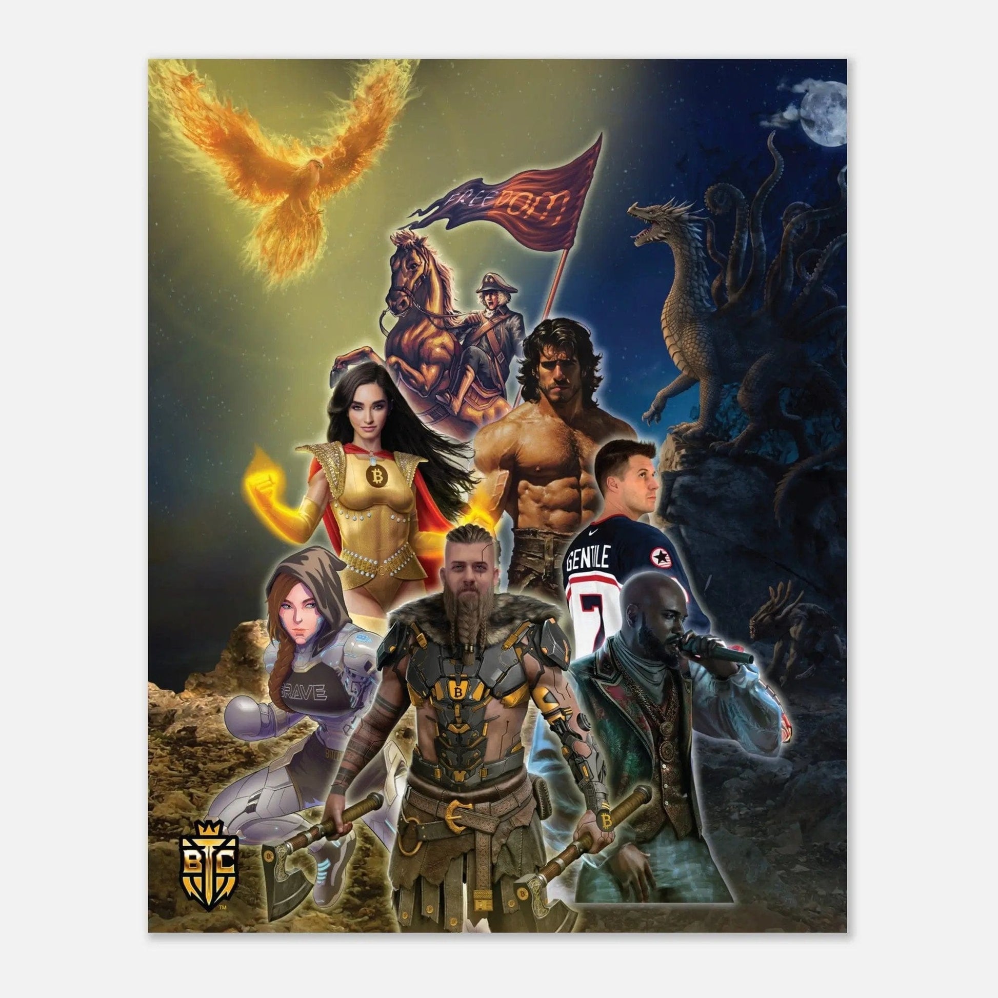 Bitcoin Trading Cards collage poster featuring a Viking warrior, a female superhero with a Bitcoin logo, a phoenix, and a multi-headed dragon.