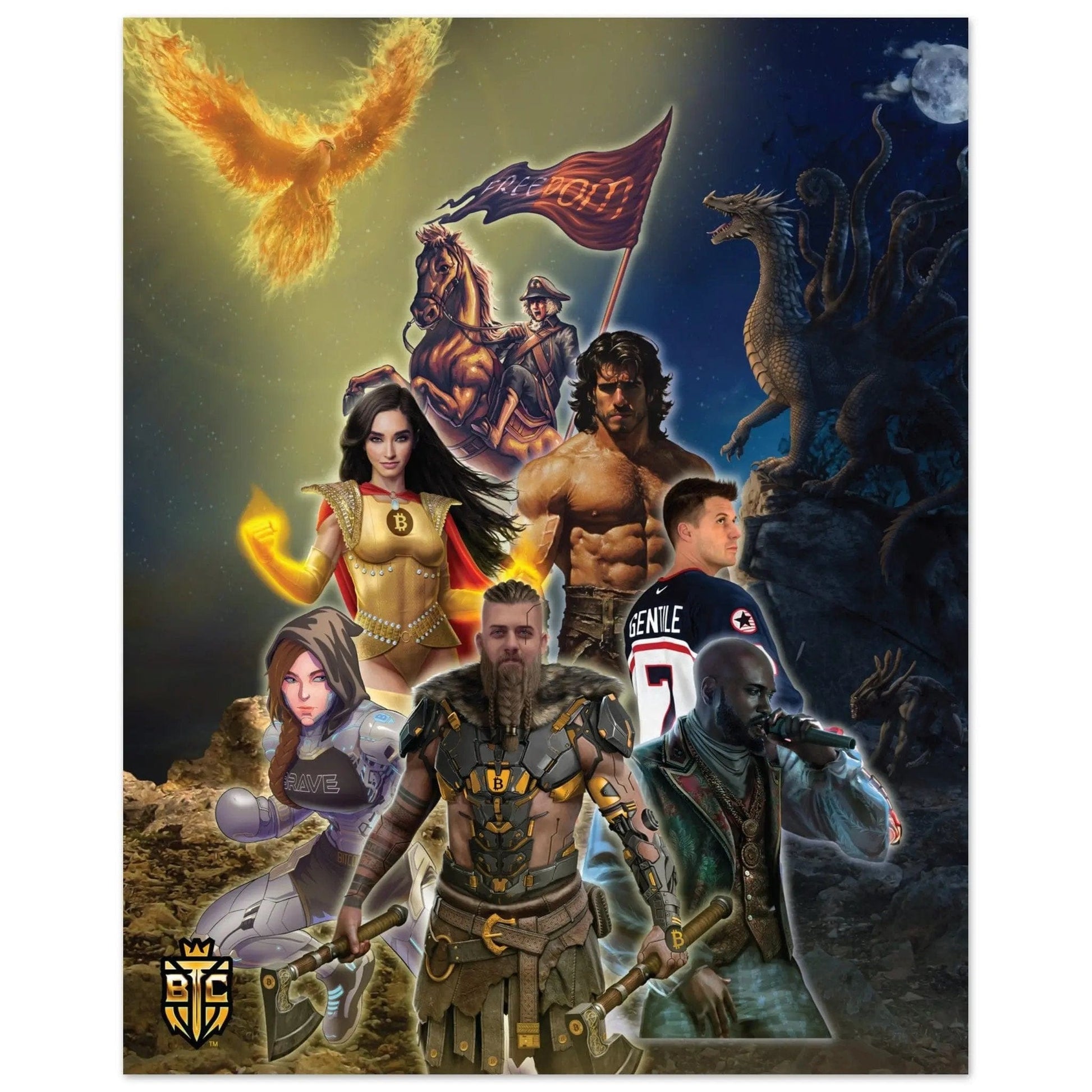 Bitcoin Trading Cards art poster featuring a collage of heroes including a Viking, a freedom rider with a flag, a phoenix, and a dragon.