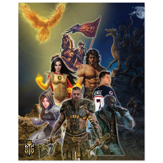 Bitcoin Trading Cards art poster featuring a collage of heroes including a Viking, a freedom rider with a flag, a phoenix, and a dragon.