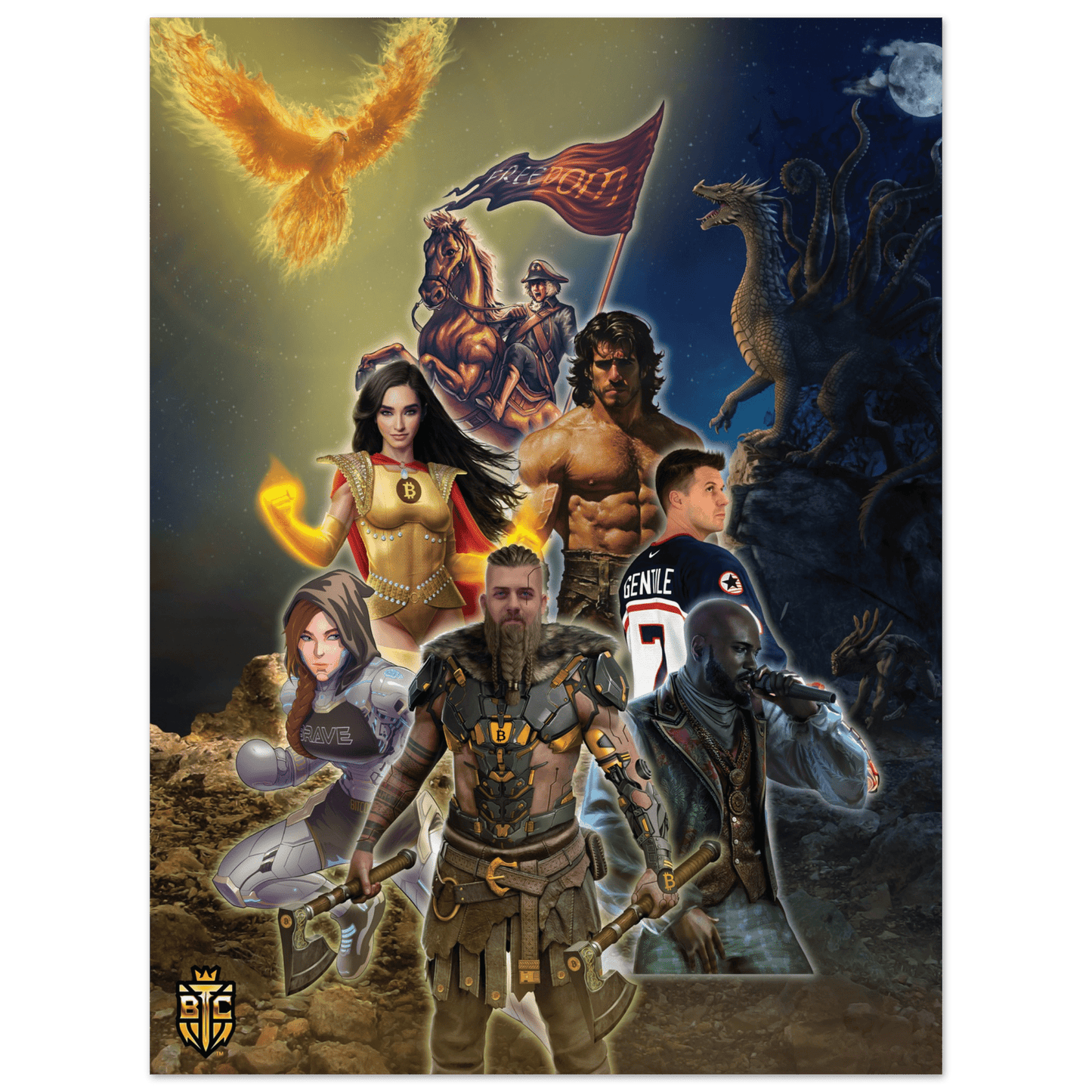 Bitcoin Trading Cards collage poster featuring a phoenix, a multi-headed dragon, a freedom rider with a flag, and various warrior heroes.
