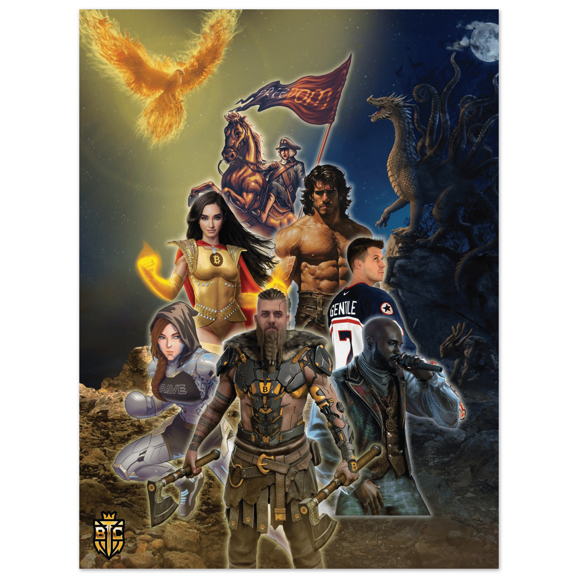 Bitcoin Trading Cards collage poster featuring a phoenix, a multi-headed dragon, a freedom rider with a flag, and various warrior heroes.