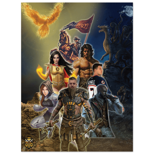 Bitcoin Trading Cards collage poster featuring a phoenix, a multi-headed dragon, a freedom rider with a flag, and various warrior heroes.