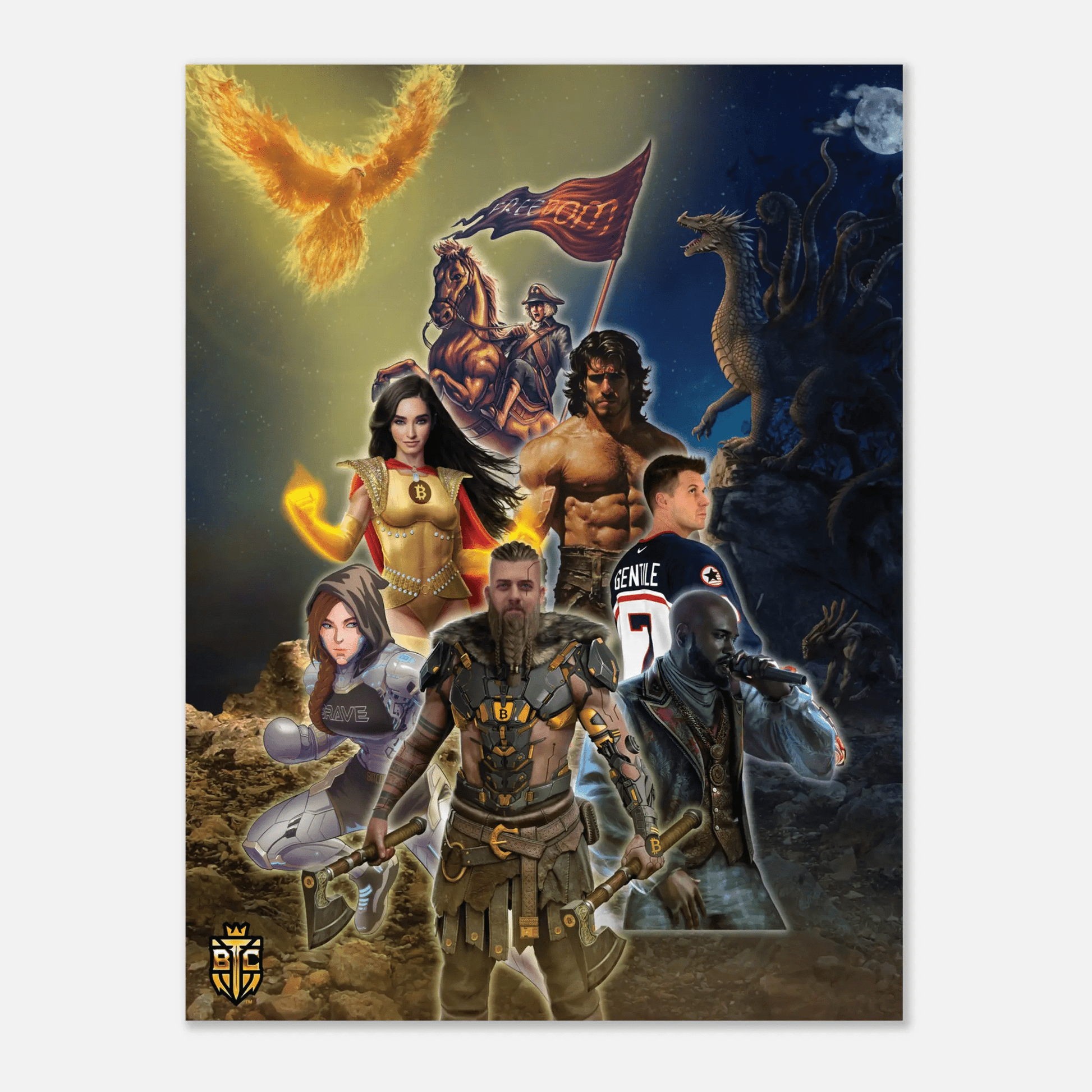 Bitcoin Trading Cards collage poster featuring a phoenix, a multi-headed dragon, a freedom rider with a flag, and various warrior heroes.
