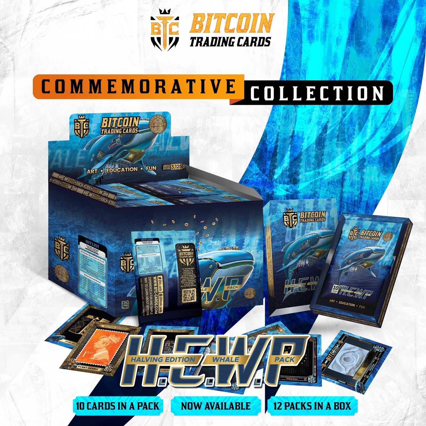 Promotional graphic for the 'H.E.W.P' (Halving Edition Whale Pack) Commemorative Collection, featuring a blue whale-themed display box labeled 'Limited Edition 3,125', scattered packs, and cards against a blue background, with banners reading '10 Cards in a Pack' and '12 Packs in a Box'.